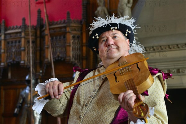 Musician in period costume performing on a medieval fiddle
