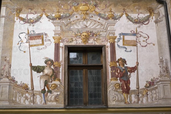 Renaissance style frescoes on the wall of the courtyard at Peles Castle