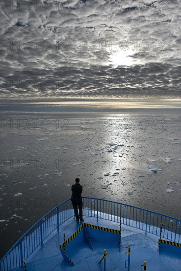 Expedition ship sailing through ice floes