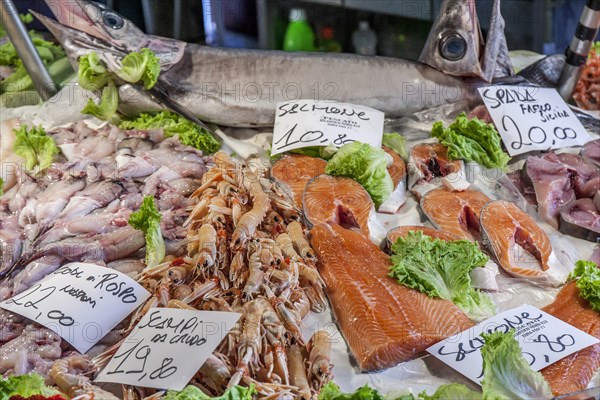 Fish and prawns at a market stall