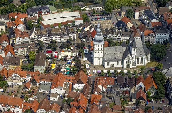 Protestant Church of St. Mary with the marketplace with market stalls