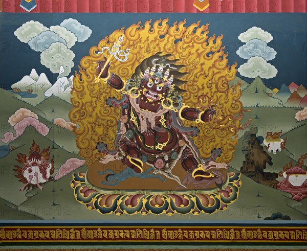 Wall paintings with motifs of Buddhist mythology in the Trashi Chhoe Dzong monastic fortress