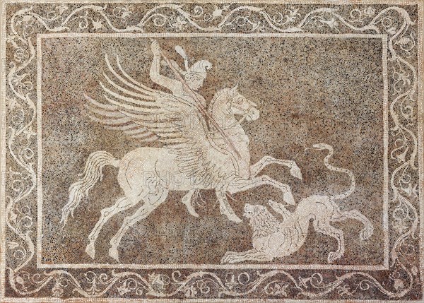 Rider on a winged horse hunting a lion