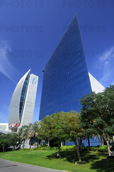 Futuristic architectural building of the National Bank and the Chamber of Commerce and Industry of Dubai in the Deira Quarter