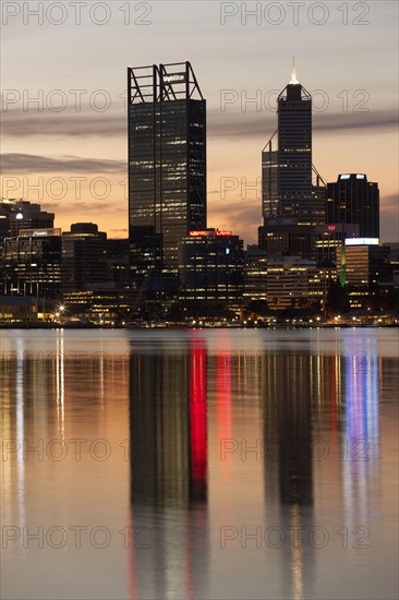 Skyline reflecting on the Swan River at dusk