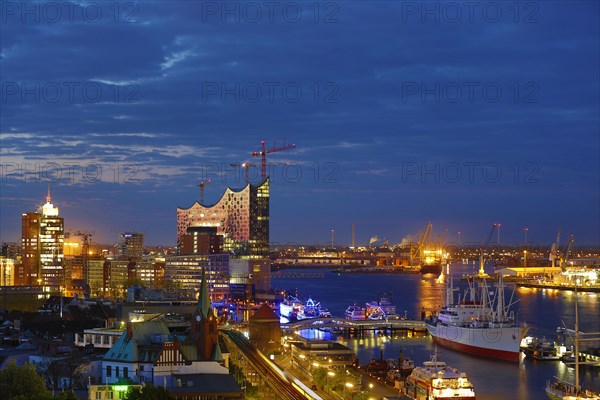 Elbe River with Elbe Philharmonic Hall and the museum ship Cap San Diego