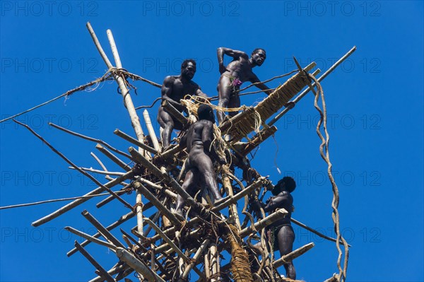 Men preparing the bamboo tower