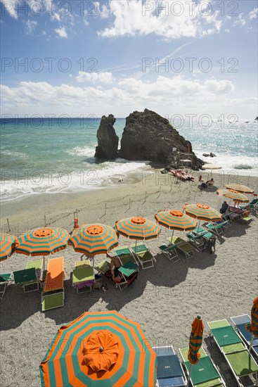 Sandy beach and colorful sunshades