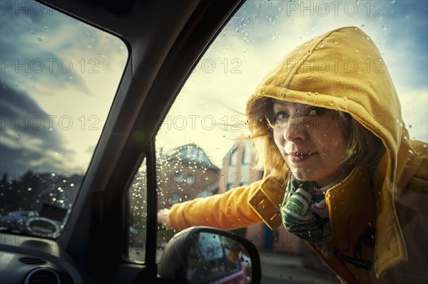 Young woman standing next to a car indicating the direction of travel