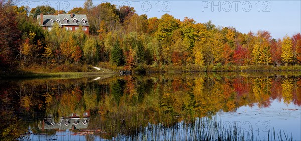 House on beaver pond amongst the trees in autumn