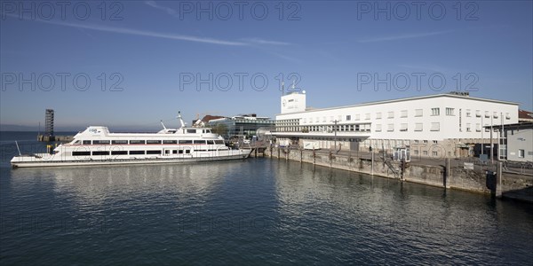 Passenger ship in the harbour in front of the Zeppelin Museum
