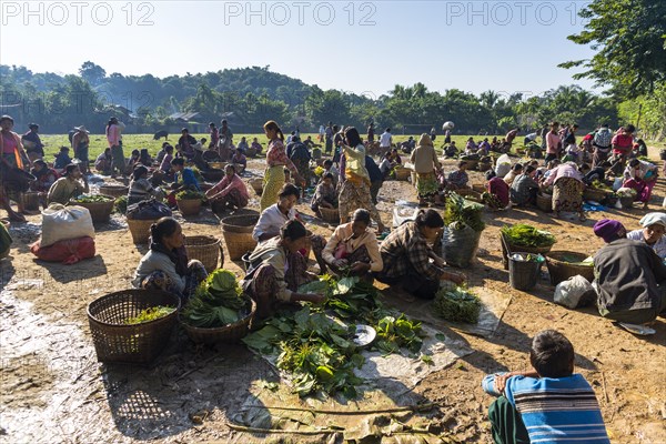 People selling betel nuts at a market in the village of Pan Mraun