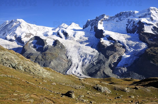 Schwarzegletscher and Breithorngletscher glaciers with the west summit of Lyskamm Mountain