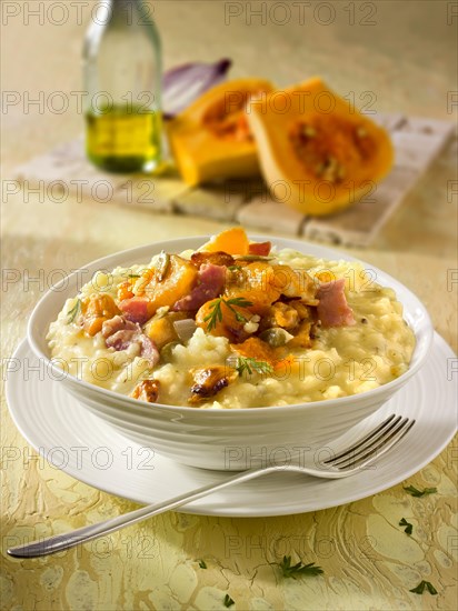 Roast butternut squash on saffron risotto