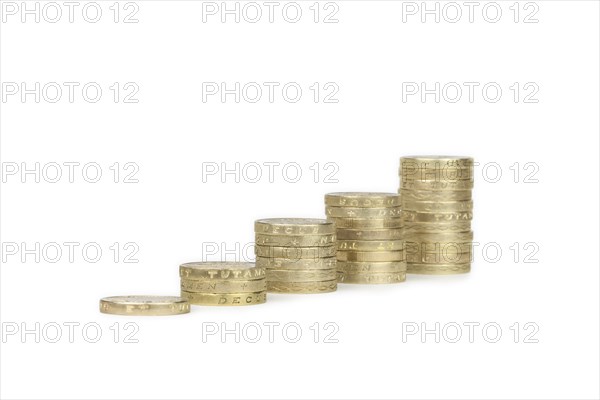 Piles of UK sterling pound coins