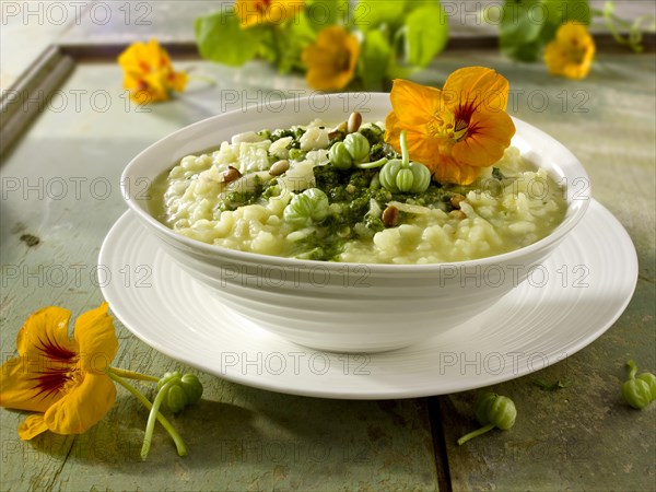 Pesto Risotto with nasturtium flowers