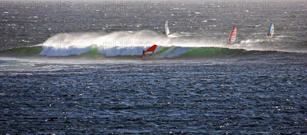 Wind surfers and breaking wave