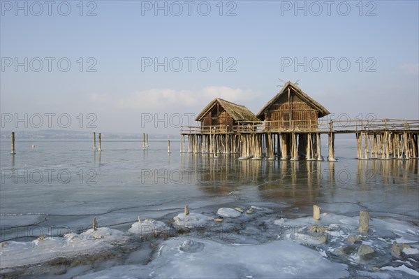 Pfahlbaumuseum Unteruhldingen museum and frozen Lake Constance