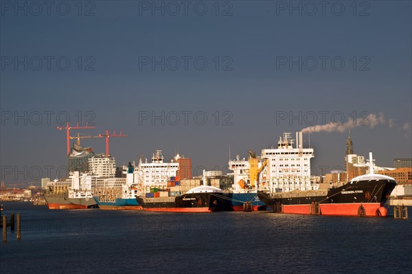 Ships in the Port of Hamburg at anchor in the North Elbe