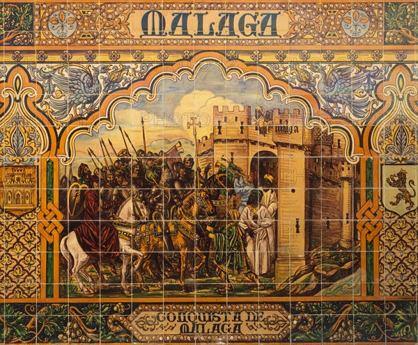 Tile work displaying a historic scene at the Plaza de Espana