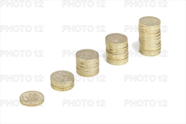 Piles of UK sterling pound coins