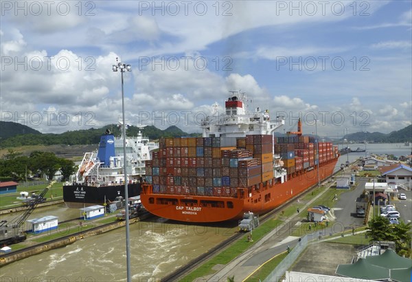 Container ship at the Miraflores Locks
