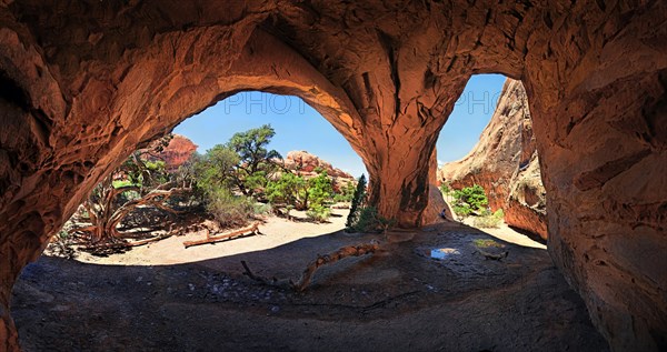 Red stone arches of the Navajo Arch formed by erosion