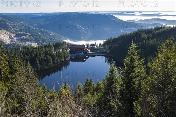 View from Mt Hornisgrinde to Mummelsee Lake with Berghotel Mummelsee