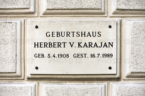 Plaque at the birthplace of the conductor Herbert von Karajan