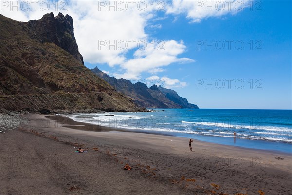 Cliffs in the Anaga Mountains with the Playa de Roque de las Bodegas beach at the village of Taganana