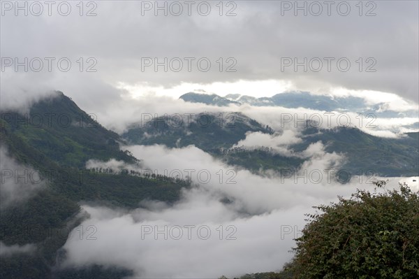 Mountains streaked with fog