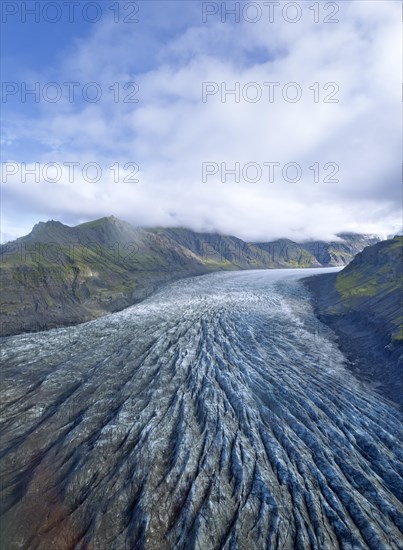 Aerial view of the glacier tongue of Svinafellsjoekull Glacier