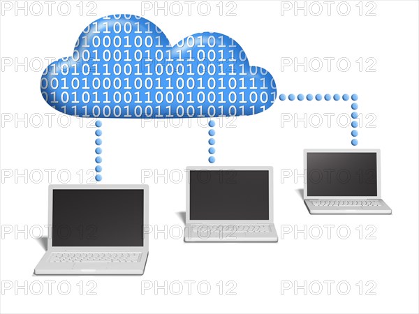 Three notebooks connected to a cloud which is filled with binary code