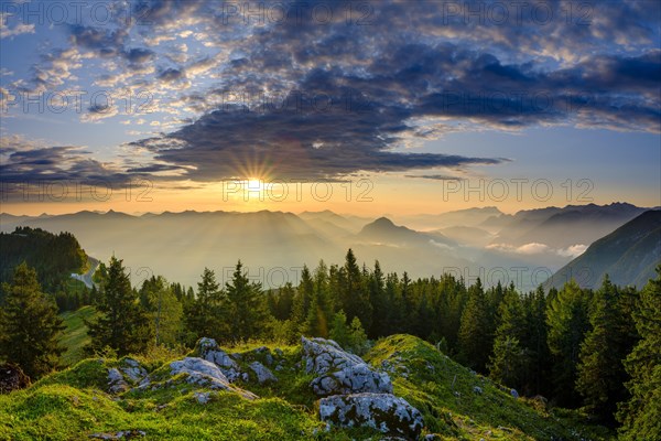 View at sunrise on alpine panorama