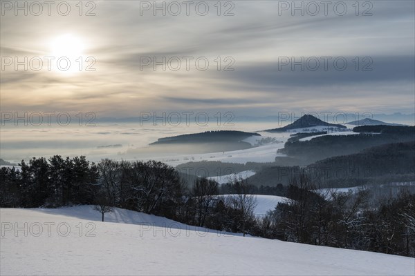 Winter in Hegau with the volcanic cones of Hohenhewen