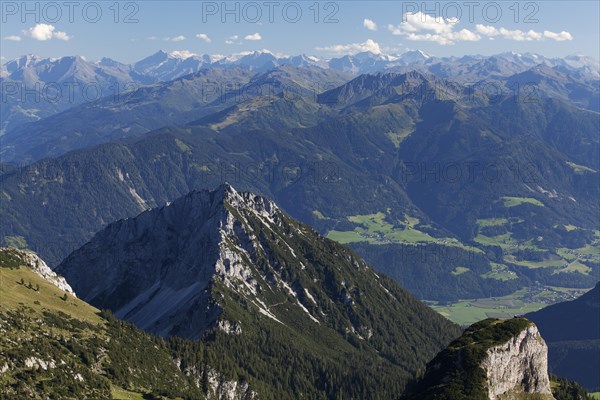 Ebner Joch Pass and the Tux Alps seen from Hochriss Mountain in Rofan