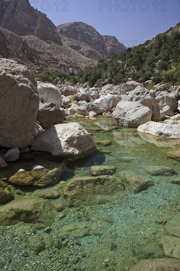 Clear water in the Wadi Shab mountain ravine