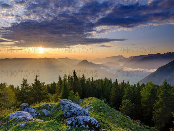 View at sunrise on alpine panorama