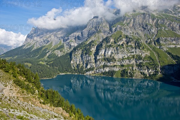 Oeschinen Lake in a UNESCO World Natural Heritage Site of the Swiss Alps