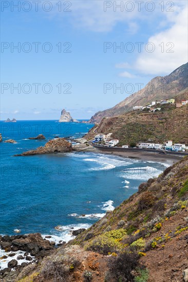 Cliffs in the Anaga Mountains with the Playa de Roque de las Bodegas beach at the village of Taganana