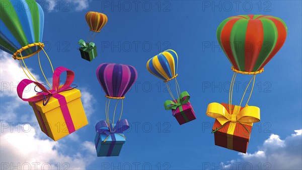 Presents are attached to balloons in the air