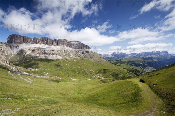 Sellastock mountain seen from Pordoijoch or Pordoi Pass
