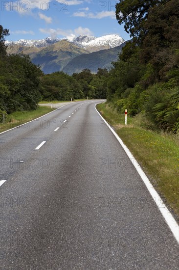 Haast Highway with views of the Southern Alps and Mount Macfarlane