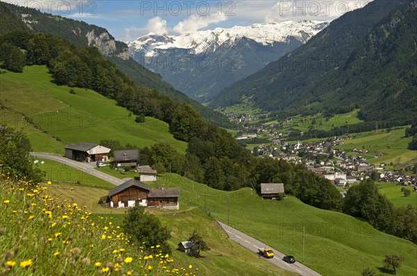 The village of Linthal with the Glarus Alps