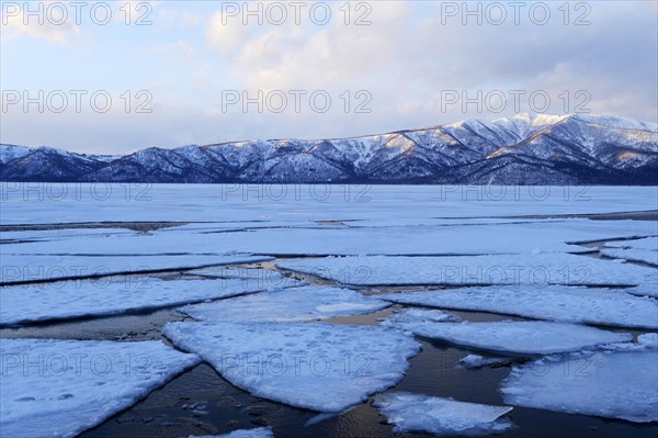 Frozen Lake Kussharo with ice floes in the front