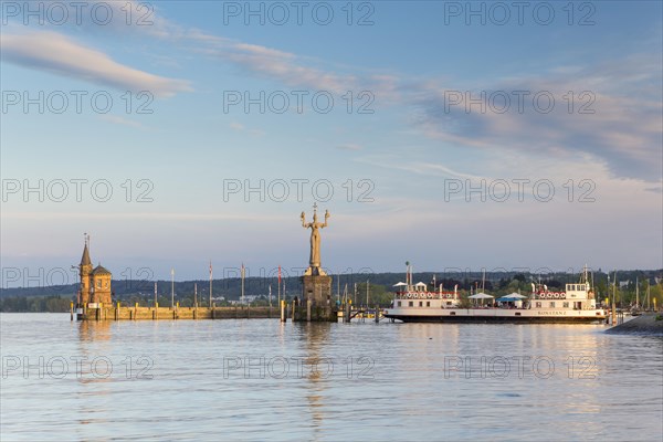 Harbour entrance of Konstanz with the statue of Imperia and the historic ferry 'Konstanz'