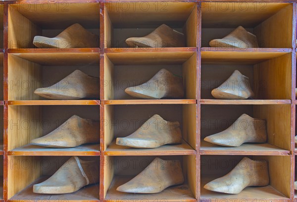 Shelf with antique lasts for manufacturing shoes