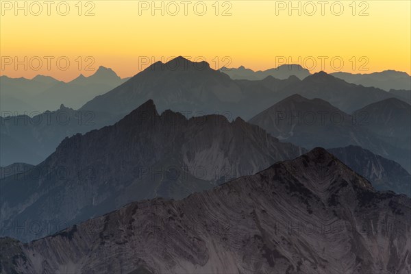 Mountain ridges at sunset from Mount Hochiss in the Rofan massif