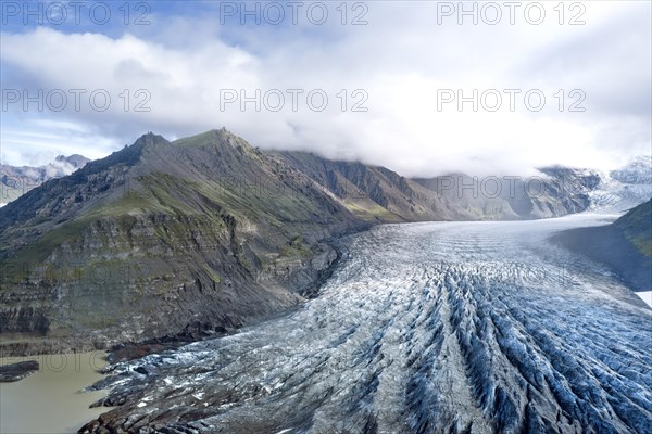 Aerial view of the glacier tongue of Svinafellsjoekull Glacier