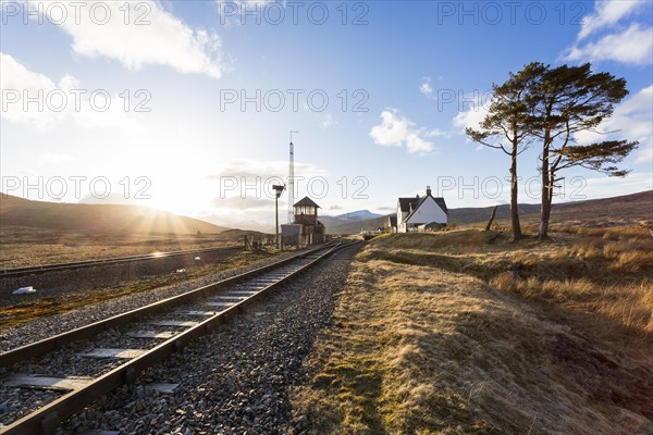 Railway tracks and a railway station in the Scottish Highlands